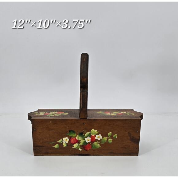 Vintage Hand-Painted Cottagecore Strawberry Wooden Sewing or Recipe Box - Picture 1 of 8